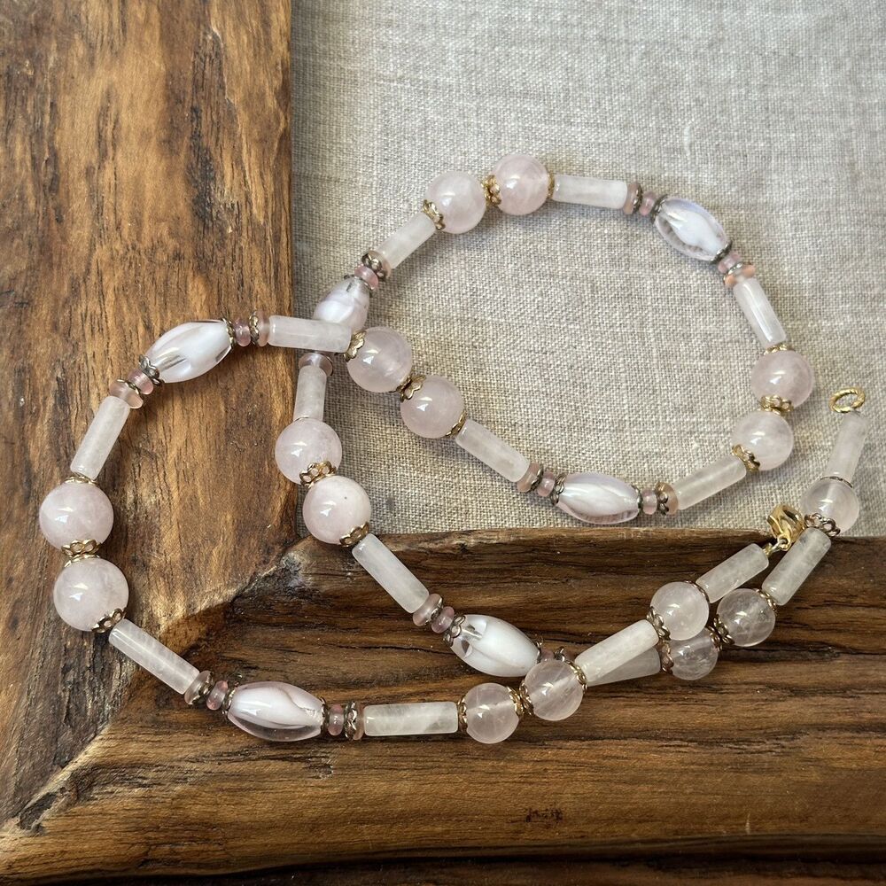 Pale Rose Off-white Quartz & Swirl Glass Bead Vintage Necklace 20" L Gold-tone